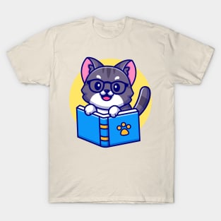 Cute Cat Reading Book Cartoon T-Shirt